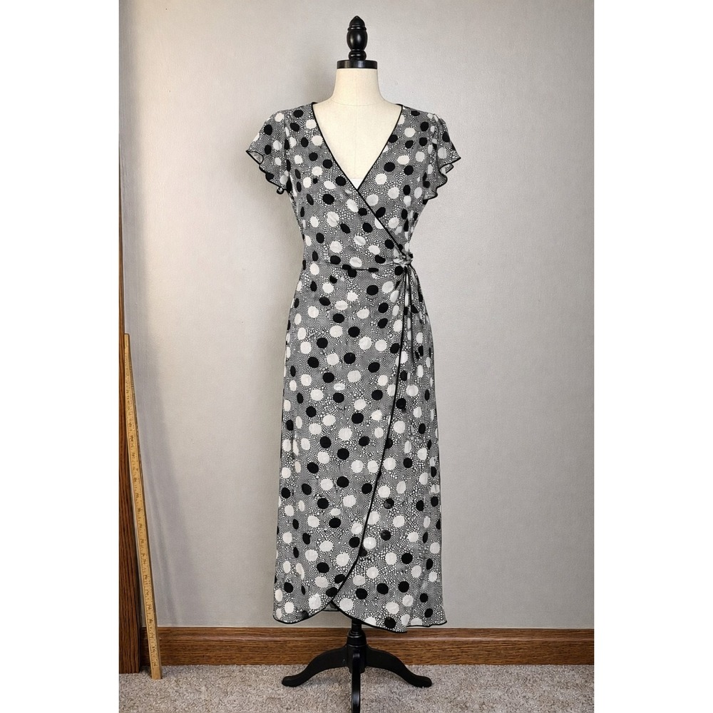 Max Studio Dress Womens Small Black White Polka Dot Wrap Midi Flutter Sleeve USA